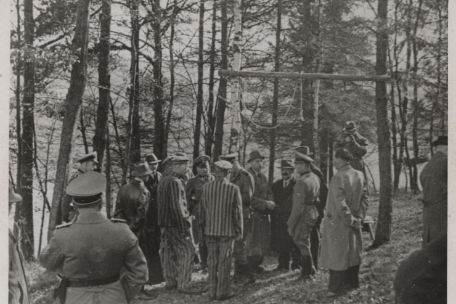 A group of men stand in front of a gallows in a wooded area. Some of the men are wearing civilian clothes, others Nazi uniforms, others are wearing the striped clothes of concentration camp prisoners.